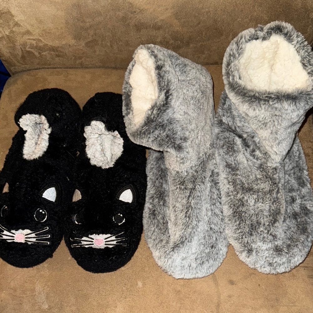 Cozy Black Cat and Gray Fuzzy Slippers